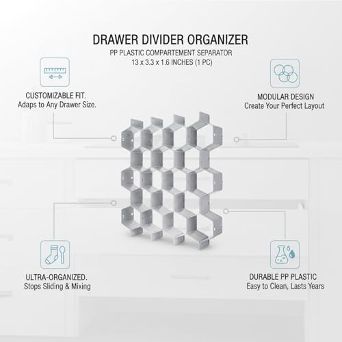 Honeycomb Drawer Divider Organizer, Adjustable PP Plastic Compartment Separator for Dresser & Kitchen Drawers, 13 x 3.3 x 1.6 Inches (1 Piece)