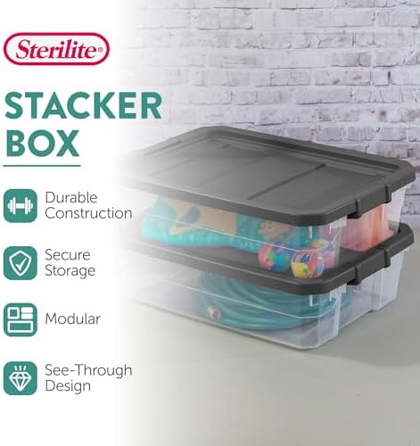 Sterilite 18-Pack Modular Stacker Box, Durable Clear Plastic Storage Bins with Latching Lids, 40 Quart - Stackable Organizing Container Boxes for Closet, Bathroom, and Office