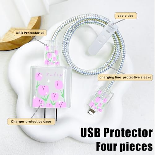 Cute DIY Cable Protector for iPhone Adapter Charger with Purple Tulips Flowers Design, Soft TPU Clear Cord Wire Saver Data Line Cable Case Charger Protector for iPhone 11 12 13 14 15 Pro Max