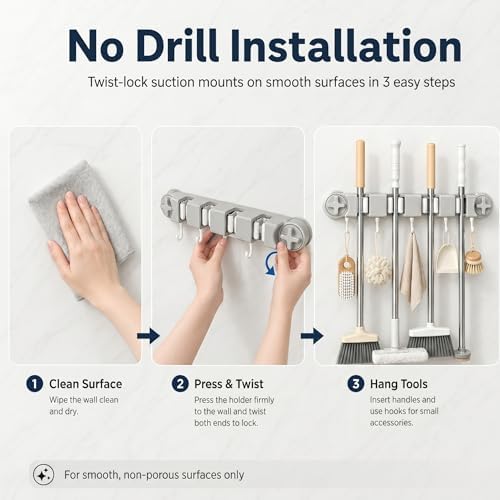 Mop and Broom Holder Wall Mount | No Drill Suction Cup, 4 Slots & 5 Hooks, Removable, For Bathroom, Laundry Room, RV Camper