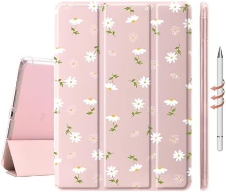 Cute Kawaii Floral Case for 11" iPad Pro(2024), Clear TPU Smart Stand Back Cover with Pencil Holder, Auto Wake/Sleep Foldable Shockproof Protective Case
