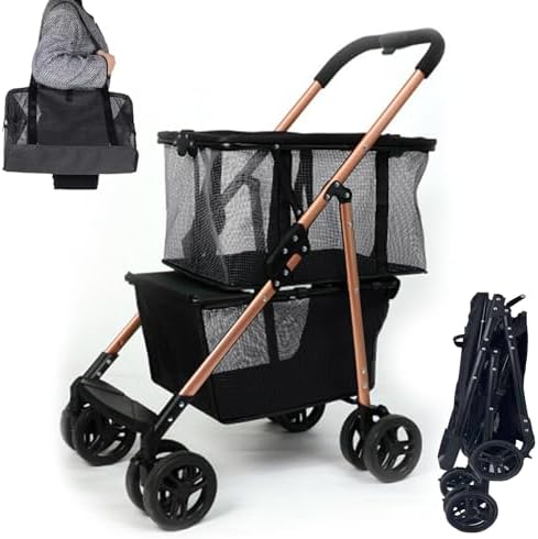 Folding Shopping Cart with Rolling Swivel Wheels Utility Trolley Cart, with Stylish Removable Tote Basket for Travel Shop Move Luggage Office (Black + Gold Frame)
