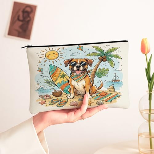 Cute Boxer Dog Makeup Bag, Coastal Beach Shells Cosmetic Travel Pouch for Women Girls, Portable Small Canvas Zipper Organizer, Pet Toiletry Bag 7x9 Inch