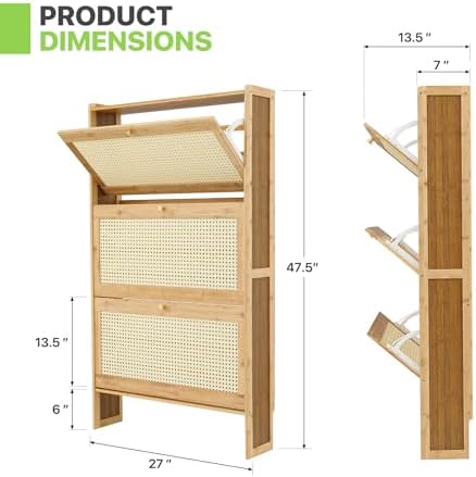 Magshion Narrow Shoe Cabinet for Entryway Slim Thin Bamboo Freestanding Shoe Storage with Flip Drawers for Hallway, Living Room (Natural, 47.5" x 27" x 7")