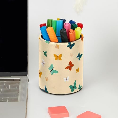 Faux Leather Pen Holder for Desk, Pencil Organizer Butterfly Pen Cup Desk Decor Makeup Brush Holder Storage for Office Home