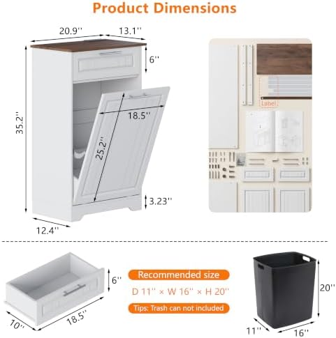 Single 10 Gallon Tilt Out Trash Can Cabinet with Deodorizing Function, Wooden Hidden Garbage Can Holder with Storage Drawers for Kitchen and Dining Room, Laundry Hamper Cabinet for Bathroom, White