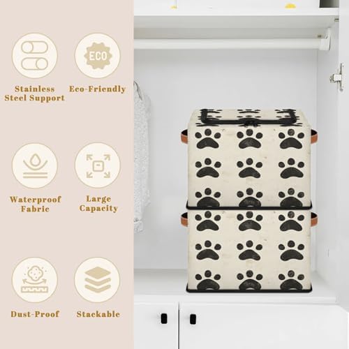 Dog Paw Storage Bins with Zipper Lid Animal Footprint Foldable Fabric Organizer Box with Handles Rectangular Closet Clothes Organizer Containers