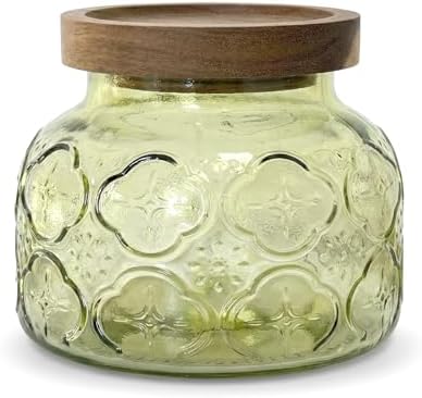 Decorative Green Embossed Glass Jar with Airtight Wooden Lid, 25.4 fl. oz | Wide mouth vintage storage canister, kitchen pantry bathroom organization, coffee sugar tea cookie candy candle vase gift