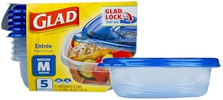 Glad GladWare Entree Food Storage Containers, Medium Square, 25 Oz, 5 Count | Lock-tight seal for meal prep and lunches; microwave and dishwasher safe