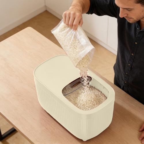 Airtight Rice Storage Container, Dry Food Dispenser with Transparent Sealed Lid for Kitchen Pantry Organization for Storing Rice, Cereal, Flour, Pet Food and Other Dry Ingredients (Beige, M)