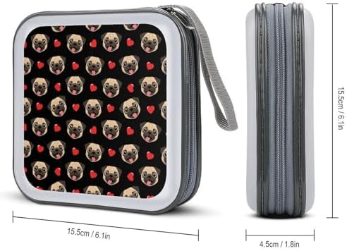 Portable 40-Disc CD Storage Binder Puppy Dog Pugs Gifts Pug Lovers, Hard Case Wallet with Handle, Protective Organizer for Movies Music Travel