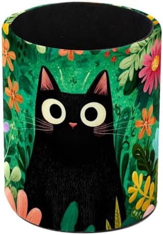 Faux Leather Pen Holder for Desk, Pencil Organizer Black Cat Pen Cup Desk Decor Makeup Brush Holder Storage for Office Home