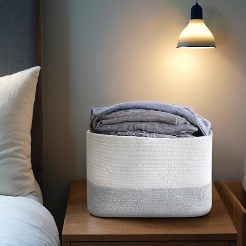 Small Cotton Rope Storage Basket with Leather Handles, 15 "L x 11.5" W x 7.5 "H, Home Decor Basket, Durable & Stylish Organizer for Home.(Small Light Gray)