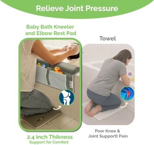 Wobbi Baby Bath Kneeler and Elbow Rest Pad Set | Extra Thick Memory Foam Support for Comfortable Bath Time | Non-Slip Suction Base | 4 Storage Pockets & Quick-Dry Design for Parents | Gray