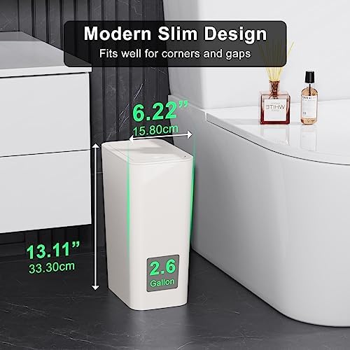N. NETDOT 3 Pack 10L / 2.6 Gallon Small Trash Can with Lid, Bathroom Garbage Can with Pop-Up Lid, Waste Basket for Bathroom, Kitchen, Bedroom, Powder Room, Craft Room, Office, College (Off White)