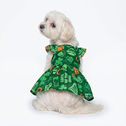 Fitwarm St Patricks Day Ruffle Dog Dress, Lucky Dog Clothes for Small Dogs Girl, Funny Pet Outfit, Green, Orange, Medium