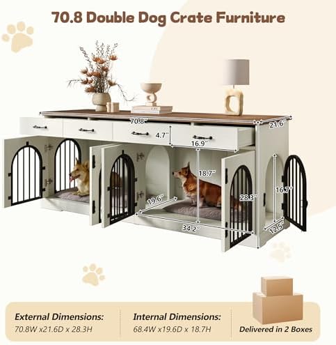 70.8" Large Dog Crate Furniture with Removable Divider/4 Storage Space | Multi‑Purpose Indoor Dog Kennel Works As Tv Stand End Table,Six Access Doors,For Small Medium Multi‑Dog Households