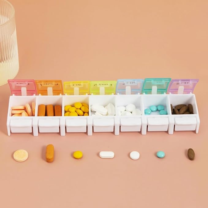 7 Day Pill Case Organizer, Large Daily Medicine Box Dispenser Box | Colorful Travel 7 Dividers Vitamin Holder with Easy Push Button for Medication, Supplement, Fish Oil, Cod Liver Oil, Capsules