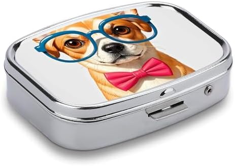 Pet Dog Soft Bow Tie, Oversized Glasses Pill Case Portable Pill Organizer with 2 Compartment Moisture Proof Metal Travel Pill Box Medication, Fish Oil and Supplements