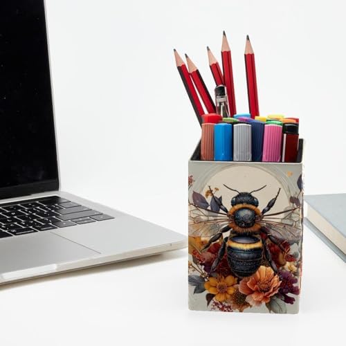 Cute Bee Pen Holder for Desk Decor, Rectangular PVC Leather Pencil Cup for Desk Pen Organizer, Makeup Brush Holder for School, Home, Office