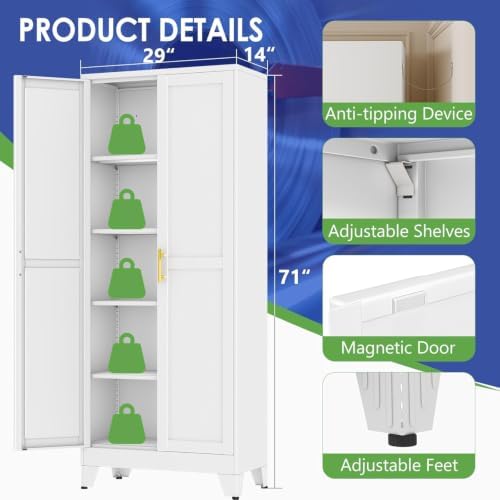 71" Metal Garage Storage Cabinet with 2 Doors, 4 Adjustable Shelves