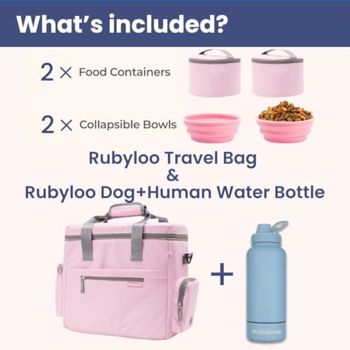 Rubyloo Original Doggy Bag (Pink) & 32oz Insulated Water Bottle with Attached 8oz Bowl (Solid Dusty Blue) – Dog Travel Bag & Hydration Set