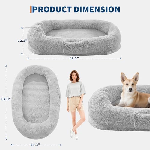 Human Dog Bed for Adults and Pets, Giant Orthopedic Memory Foam Napping Bed with Washable Fluffy Faux Fur, Oversized Bean Bag Dog Bed with Side Pocket & Carry Strap for Living Room & Bedroom