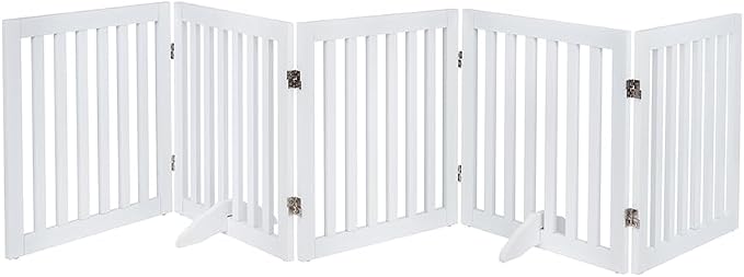 unipaws 24”H Free Standing Pet Gate for Dog Cat, 100”Wide Wooden Dog Gates | Foldable Pet Fence for Doorway, Stairs, Step, Expandable Doggy Barrier, Indoor Use, White