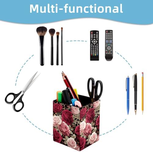 Leopard Print and Roses Pen Holder for Desk Decor, Rectangular PVC Leather Pencil Cup for Desk Pen Organizer, Makeup Brush Holder for School, Home, Office