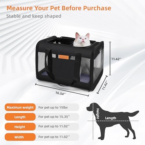 YUNIQUE Soft-Sided Cat & Dog Carrier for Pets Up to 15 Lbs, Airline Approved Collapsible Travel Puppy Carrier with Lightweight Fabric Design (Black)