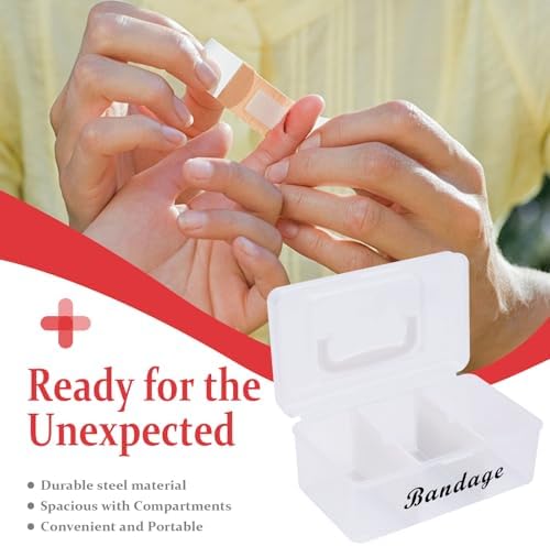 Bandage Organizer,3 Compartments Bandaid Holder with Lid & Handle,Bandaid Case for Home Medicine Cabinet, Office,Elastic Bandage Organizer Wrap,Cotton Swabs（White）