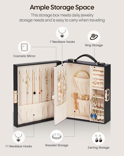 Enthralite Portable Travel Jewelry Case: Jewelry Box with Lock and Mirror | Quality PU Leather & Velvet Lined Jewelry Organizer - Large Capacity for Ring Earring Large Necklaces - Birthday Gift for Her