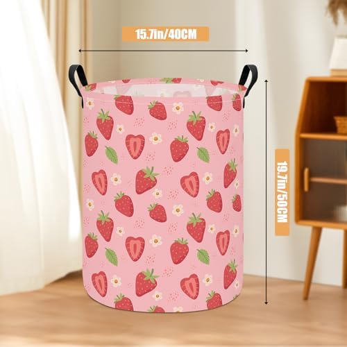 Round Laundry Basket Collapsible Storage Hamper Flower Strawberry | Waterproof Canvas Foldable Baskets with sturdy Handles Multi-scene Organizer for Home Play Bedroom Gift Bin