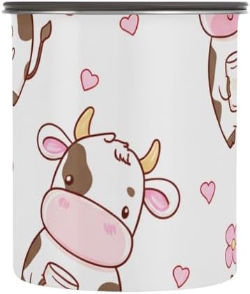 Cute Cartoon Cows Coffee Canister with Lid Airtight Food Storage Containers 17oz Stainless Steel Canisters Kitchen Food Organizer for Beans, Cereal, Pasta, Flour, Sugar, Snacks
