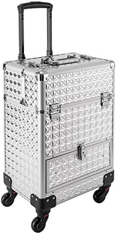Professional Rolling Makeup Train Case - Heavy Duty Aluminum Alloy Beauty Organizer with 7 Compartments, Lockable Drawer & 4 Wheels for Hairstylists, Makeup Artists, Pet Groomers