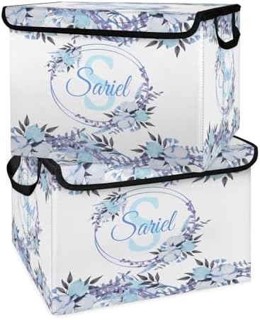 Blue Flower Storage Bin with Lid Personalized Storage Baskets for Organizing Foldable Closet Organizers with Handles,Cute Basket for Boys Girls for Clothes Blanket Pet Dog Toy Basket Storage (2 Pack)