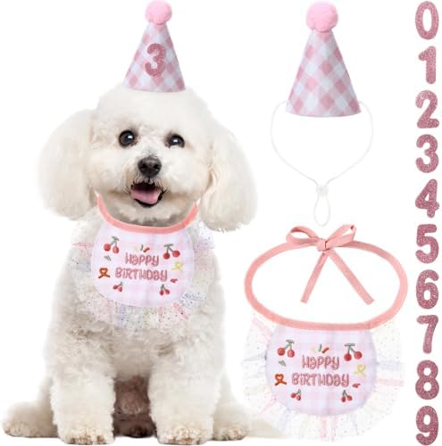 Chicingyou Dog Birthday Outfit Set Lace Bib Number Stickers,Cute,Pink