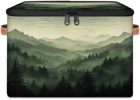 Green Misty Forest Collapsible Fabric Storage Bin with Lids | Storage Basket, Foldable, Waterproof, Handle, Large, Closet Organizer, Home, Nature Woodland