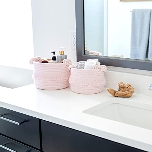 NaturalCozy 3-Piece Decorative Storage Basket Set – Pink Cotton Rope Small Woven Baskets for Organizing for Nursery Baby Stuff, Gift, Vanity, Montessori, Dog Cat Toy Bin, Planter, Bathroom Shelves