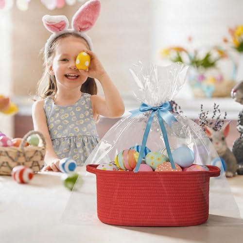 Cute Red Gift Basket, Woven Baskets for Gifts Empty Valentine's Day, Cotton Rope Storage Bin for Organizing, Cat Dog Toy Box, Baby Nursery Organizer, Wicker Easter Basket, Red Room Decor