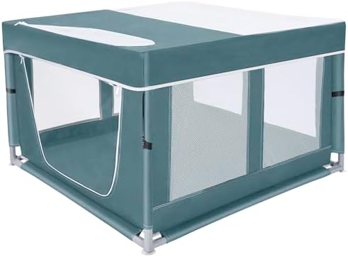 Dog Kitten Playpen with Cover, 42x42 x25.5 Puppy Playpen for Small Pet with See-Through Topper Proof, Green