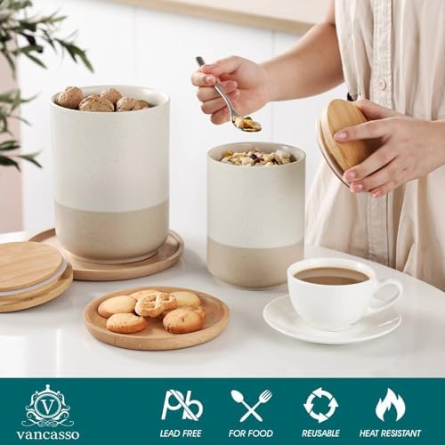 vancasso Sabine Kitchen Canister Set of 3, Ceramic Food Storage Containers with Airtight Wood Lids, Countertop & Pantry Organization for Flour, Sugar, Coffee, Tea & Snacks