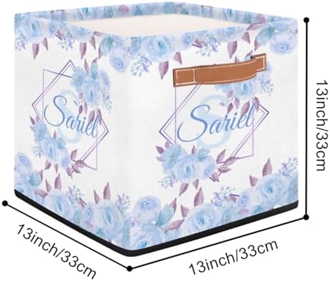 Personalized Storage Baskets for Organizing, Foldable Storage Bins with Handles Custom Cute Basket for Boys, Girls, Pet, Clothes, Blanket, Bedroom Nursery Toy Storage Gift,13 x13 x13 Inch, Blue Flower