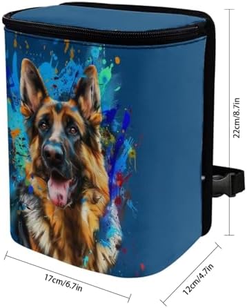 DISNIMO German Shepherd Car Trash Can Car Accessories Organizer Garbage Bag Dustbin Container with Zipper Lid Waste Basket Storage Pockets Hanging Vehicle Trash Bin