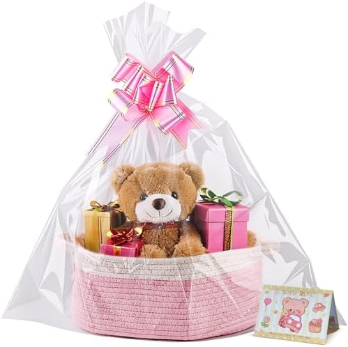 Small Woven Basket, 12" x 8" x 5" Gift Basket Empty with Ribbon and Gift Bag, Rope Basket for Baby Shower, Holiday Presents,Storage Basket with Handle for Nursery,Pet Toy Basket (White-Pink)