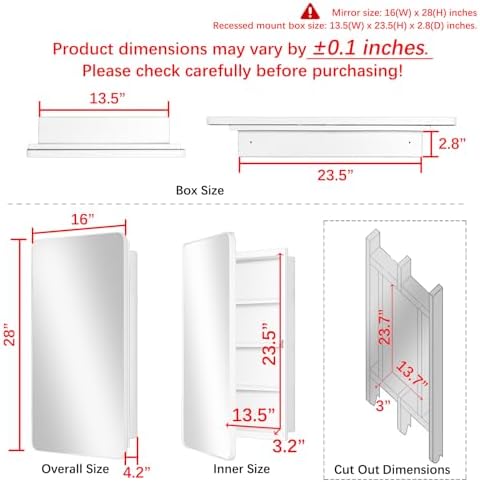 White 16 x 28 Wall Medicine Cabinet, Mirror with Adjustable Storage Shelves | White Bathroom Wall Cabinet with 3 Adjustable Plastic Shelves, Reversible Mirror Door & Hardware; Recessed/Surface Mounting