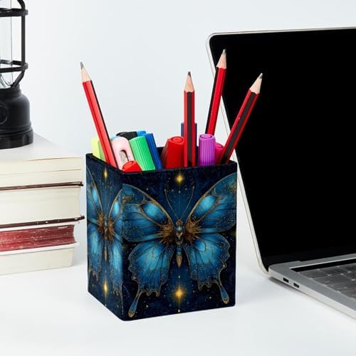 Butterfly and Stars Pen Holder for Desk Decor, Rectangular PVC Leather Pencil Cup for Desk Pen Organizer, Makeup Brush Holder for School, Home, Office
