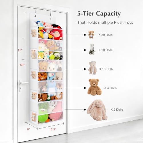 Univivi Over Door Stuffed Animal Storage,5-Tier Toy Organizer,White | Breathable Mesh, Dustproof Zipper Pockets, Clear PVC Window, Heavy Duty, for Playroom & Bedroom