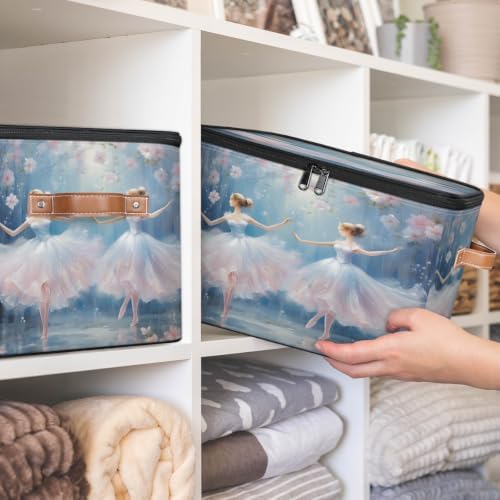 Ballet Pink Collapsible Fabric Storage Bin with Zipper Lid | Storage Basket, Foldable, Waterproof, Handle, Large, Closet Organizer, Home, Ballet Cute Little Ballerina