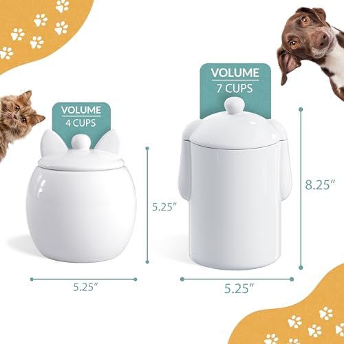 Barnyard Designs Airtight Ceramic Pet Treat Jar Set of 2 White (Dog & Cat) | Rustic Storage Canisters with Airtight Lids for Kitchen Counter; Holds Biscuits, Snacks, or Kibble; Farmhouse Decor